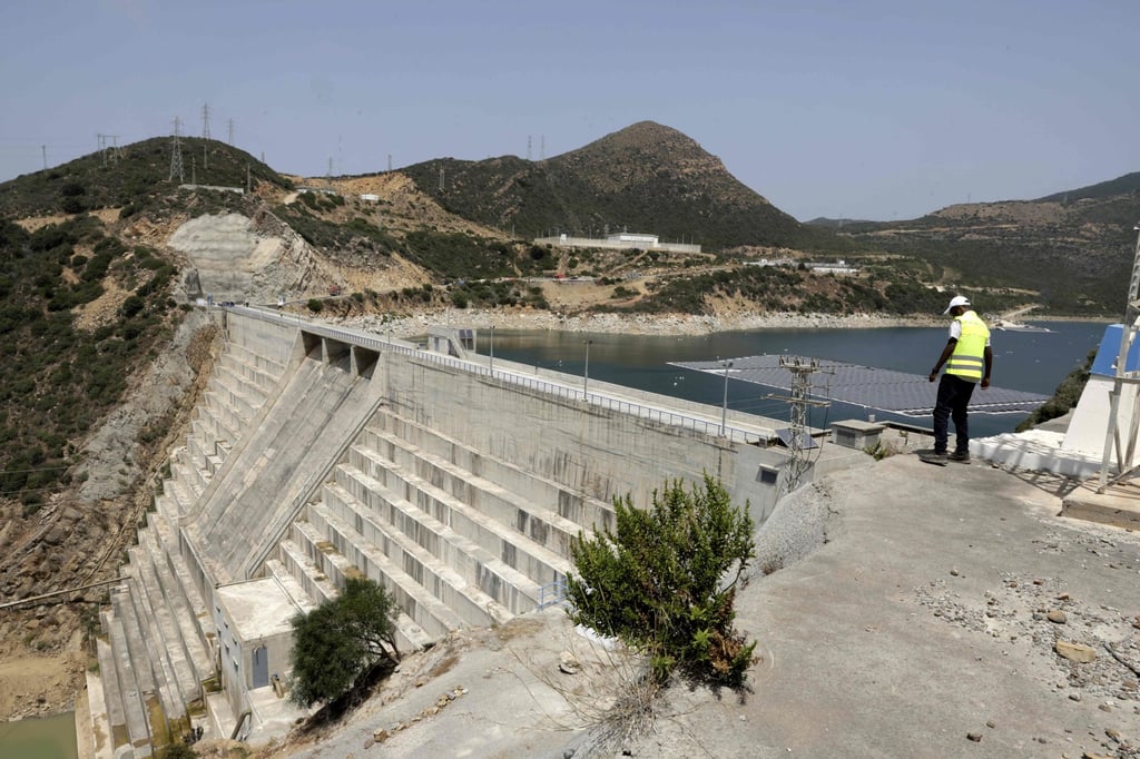 A worker looks at the floating photovoltaic solar installation on the Oued Rmel dam. Photo: AFP