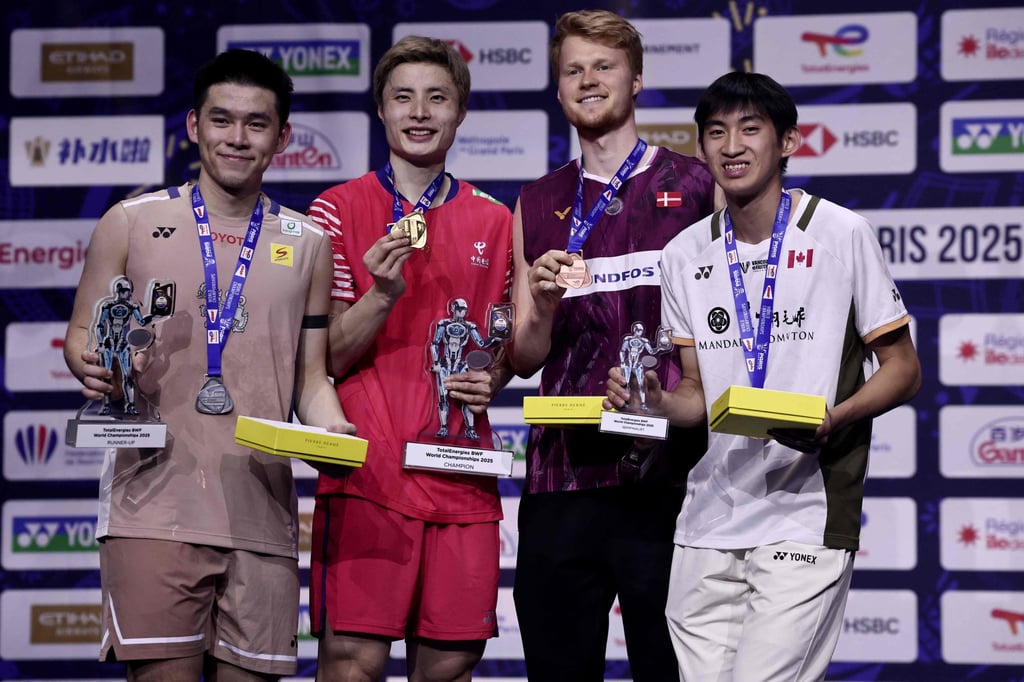 (From left) Silver medallist Thailand’s Kunlavut Vitidsarn, gold medallist China’s Shi Yuqi, bronze medallists Denmark’s Anders Antonsen and Canada’s Victor Lai. Photo: AFP