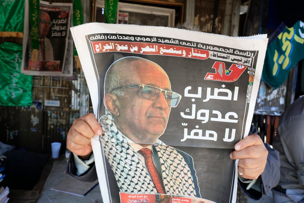 A local newspaper featuring Houthi Prime Minister Ahmed Al-Rahawi, who was killed in an Israeli strike. Photo: EPA A local newspaper featuring Houthi Prime Minister Ahmed Al-Rahawi, who was killed in an Israeli strike. Photo: EPA