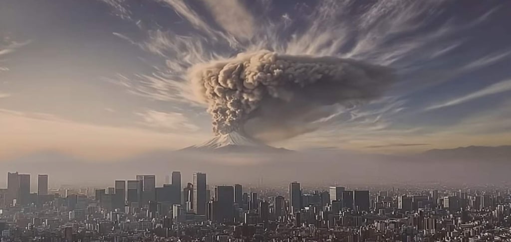 A screenshot of the video released by Japan’s Cabinet Office showing a simulate eruption of Mount Fuji. Photo: Japan’s Cabinet Office A screenshot of the video released by Japan’s Cabinet Office showing a simulate eruption of Mount Fuji. Photo: Japan’s Cabinet Office