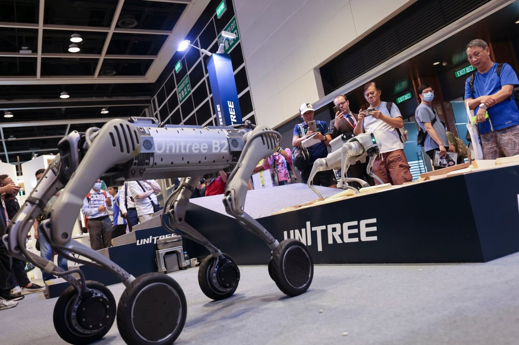 Unitree Robotics’ B2 (left) and Go2 (right) robot dogs overcame obstacles on the first day of the 2024 Hong Kong Computer & Communications Festival at the Hong Kong Convention and Exhibition Centre in Wan Chai on August 23, 2024. Photo: Jelly Tse Unitree Robotics’ B2 (left) and Go2 (right) robot dogs overcame obstacles on the first day of the 2024 Hong Kong Computer & Communications Festival at the Hong Kong Convention and Exhibition Centre in Wan Chai on August 23, 2024. Photo: Jelly Tse