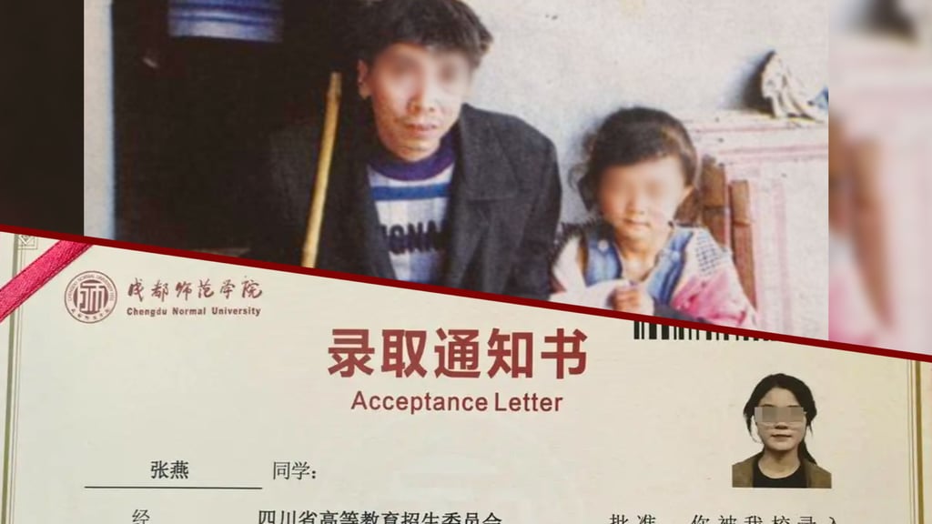 It has been a long, hard journey for Zhang. From begging in the street with her father to a university acceptance letter. Photo: SCMP composite/Douyin/ifeng It has been a long, hard journey for Zhang. From begging in the street with her father to a university acceptance letter. Photo: SCMP composite/Douyin/ifeng