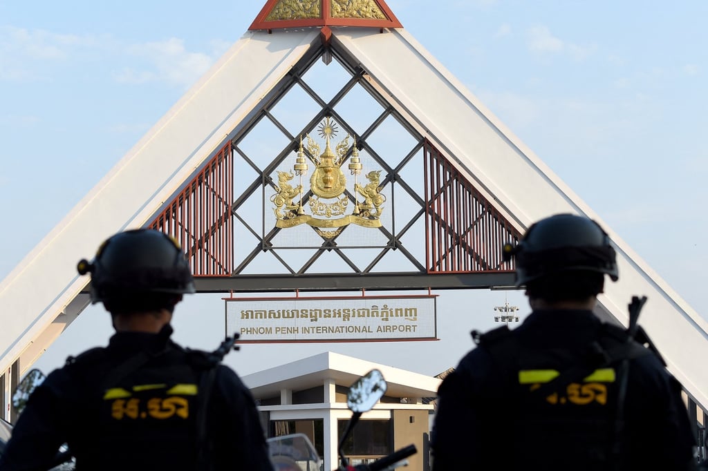 Cambodian military police stand guard in front of Phnom Penh International Airport. Photo: AFP Cambodian military police stand guard in front of Phnom Penh International Airport. Photo: AFP