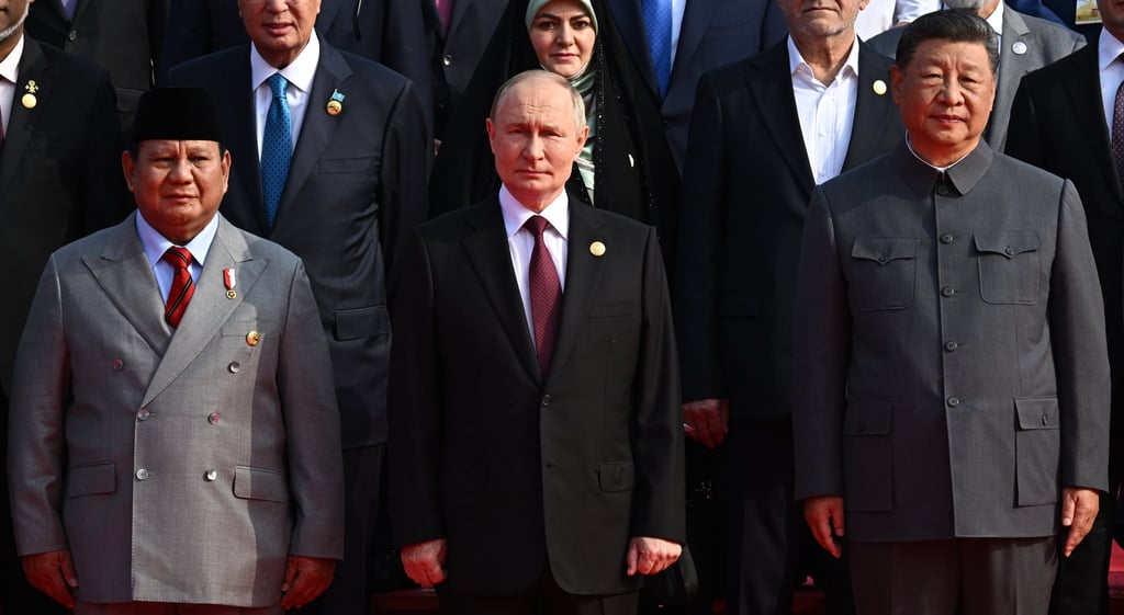 Indonesian President Prabowo Subianto (left) stands in the front row with Russian President Vladimir Putin and Chinese President Xi Jinping on Wednesday. Photo: EPA Indonesian President Prabowo Subianto (left) stands in the front row with Russian President Vladimir Putin and Chinese President Xi Jinping on Wednesday. Photo: EPA