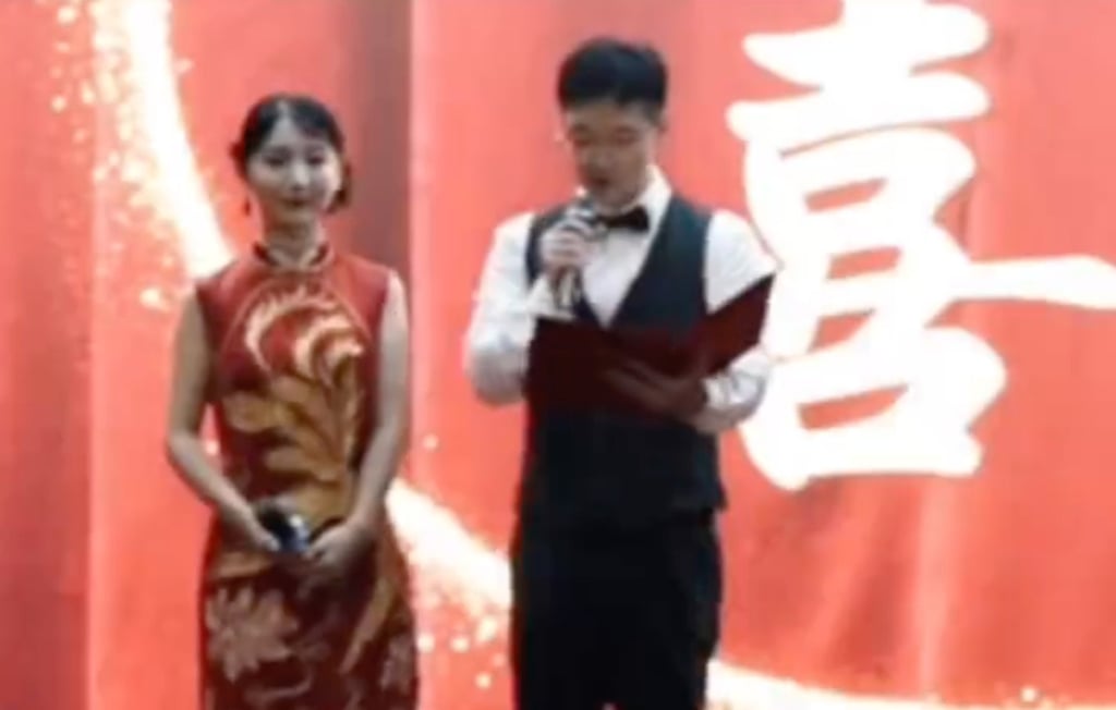 The happy couple on their big day. The groom’s address has been dubbed “the coolest wedding speech”. Photo: Handout