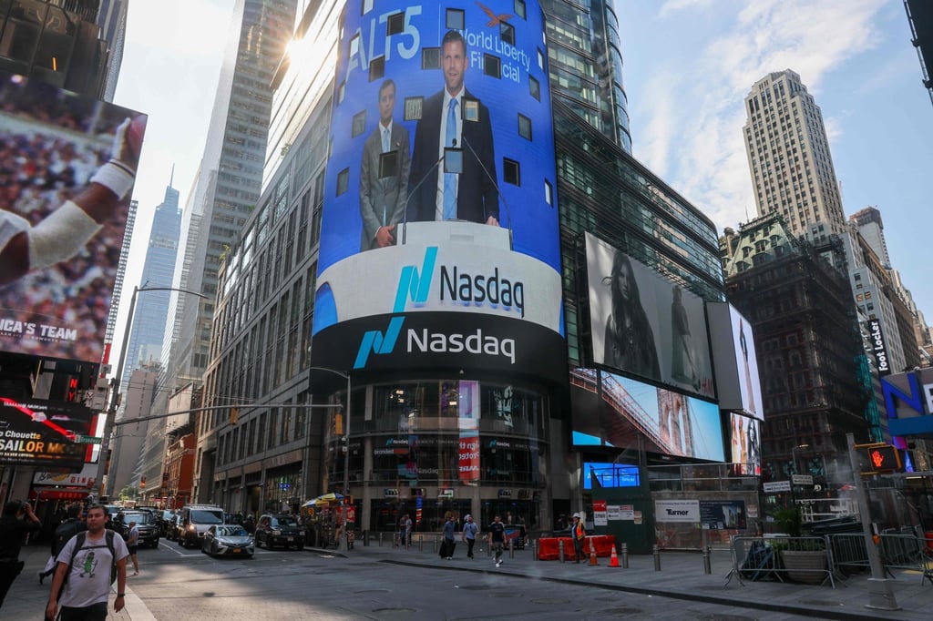 Donald Trump Jr is seen on a billboard after ringing the opening bell at Nasdaq to celebrate the closing of ALT5’s US$1.5 billion offering on August 13, 2025. Photo: Getty Images via AFP Donald Trump Jr is seen on a billboard after ringing the opening bell at Nasdaq to celebrate the closing of ALT5’s US$1.5 billion offering on August 13, 2025. Photo: Getty Images via AFP