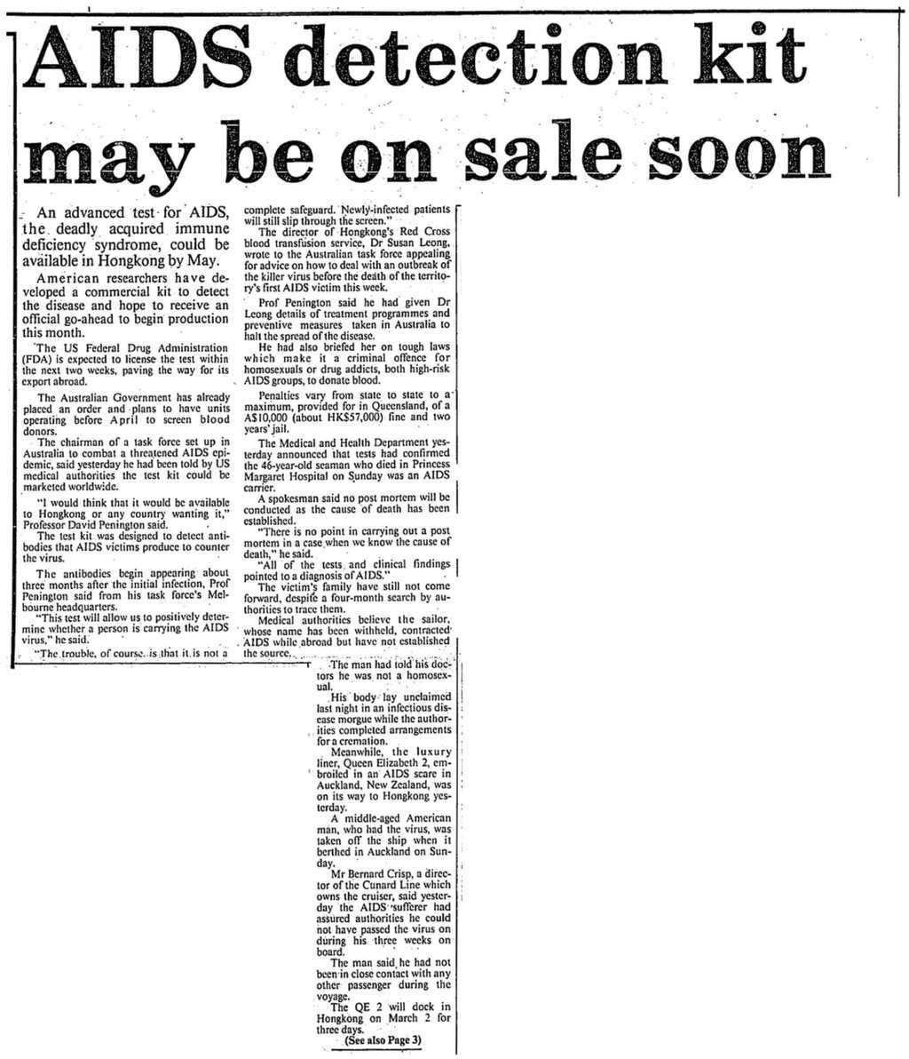 The South China Morning Post reports the news in February 1985 that Aids virus testing kits will be available in Hong Kong. Photo: SCMP Archives The South China Morning Post reports the news in February 1985 that Aids virus testing kits will be available in Hong Kong. Photo: SCMP Archives