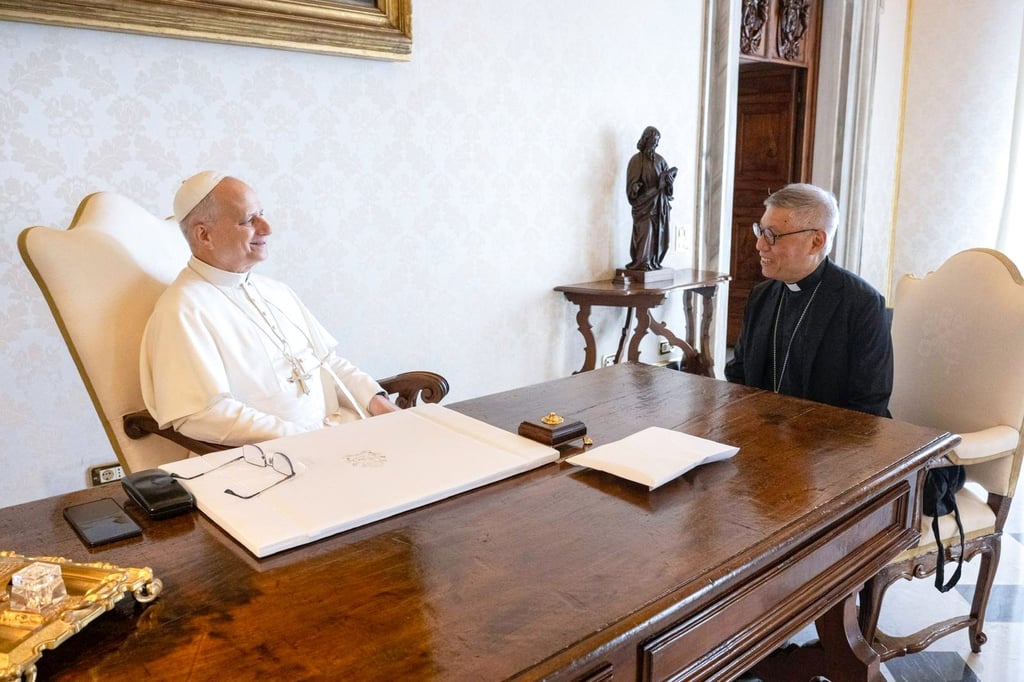 Pope Leo XIV (left) and Cardinal Stephen Chow during a meeting at the Apostolic Palace in the Vatican. Photo: Handout Pope Leo XIV (left) and Cardinal Stephen Chow during a meeting at the Apostolic Palace in the Vatican. Photo: Handout