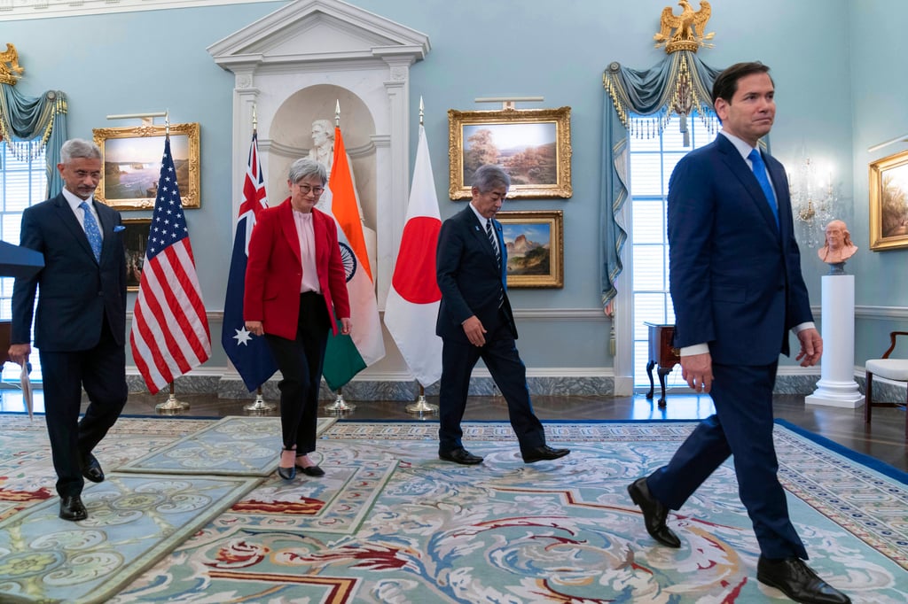 From left: Indian External Affairs Minister Subrahmanyam Jaishankar, Australian Foreign Minister Penny Wong and Japanese Foreign Minister Iwaya Takeshi and US Secretary of State Marco Rubio leave after a Quad meeting at the State Department in Washington in July. Photo: AP From left: Indian External Affairs Minister Subrahmanyam Jaishankar, Australian Foreign Minister Penny Wong and Japanese Foreign Minister Iwaya Takeshi and US Secretary of State Marco Rubio leave after a Quad meeting at the State Department in Washington in July. Photo: AP