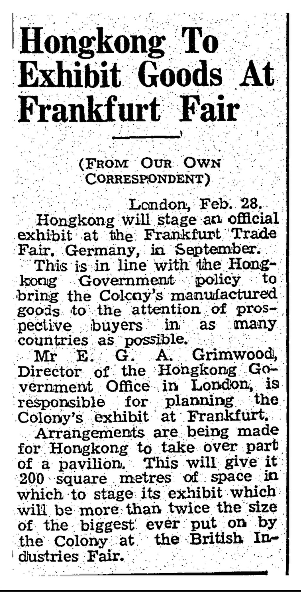 “Hongkong will stage an official exhibit at the Frankfurt Trade Fair, Germany, in September,” reported the South China Morning Post on February 29, 1956. Photo: SCMP Archives