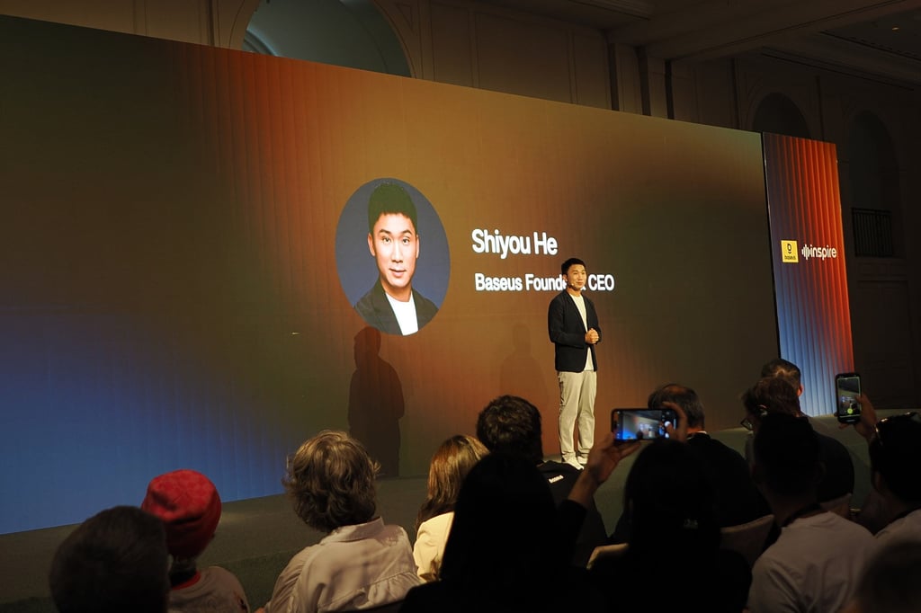 Baseus founder He Shiyou launches the premium Inspire audio product line at IFA Berlin on Thursday. Photo: Ben Jiang