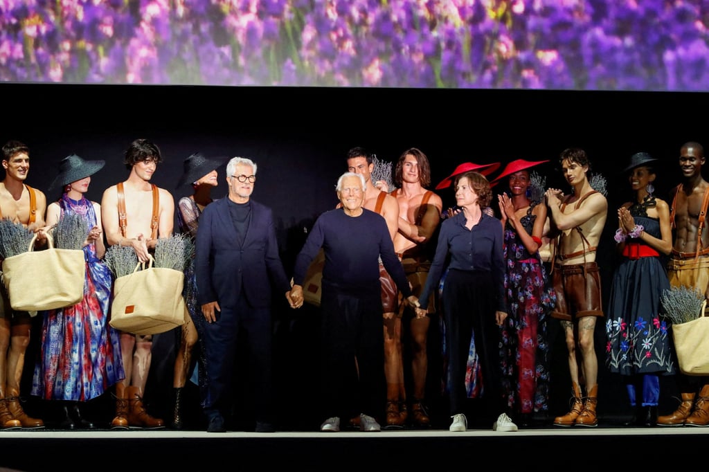 Giorgio Armani with close associate Leo Dell’Orco and niece Silvana Armani after presenting the Emporio Armani spring/summer 2025 collection at Milan Fashion Week 2024. Photo: Reuters