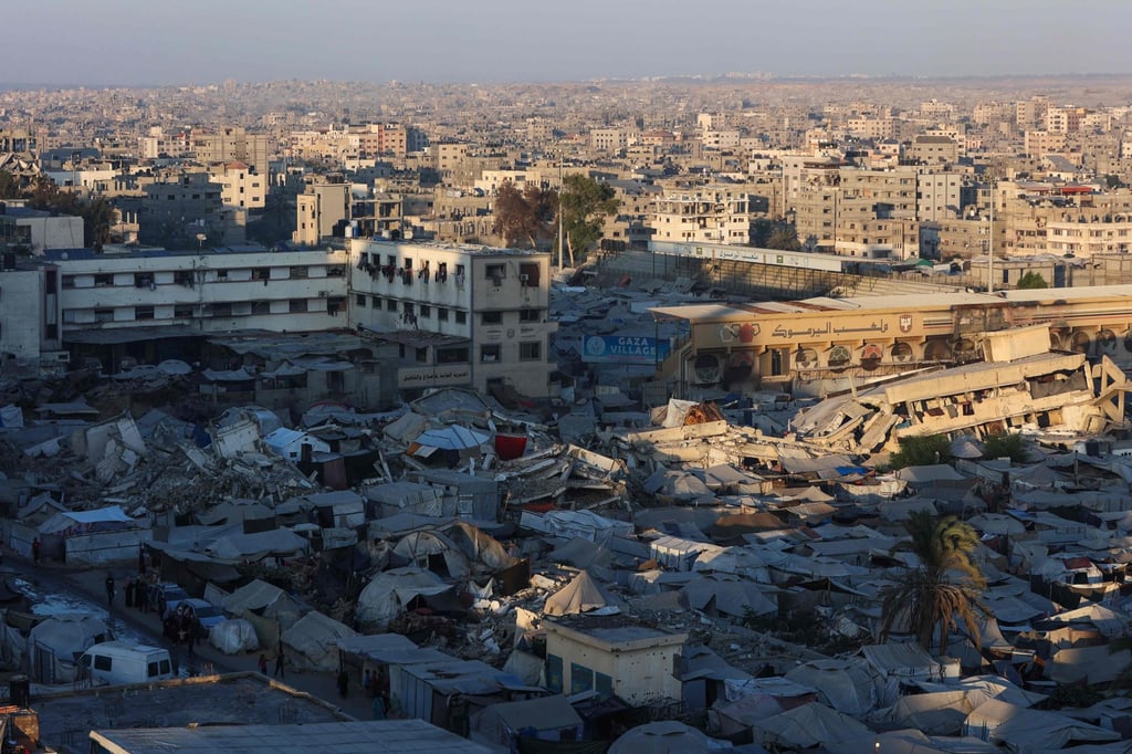 A makeshift displacement camp at Gaza City’s Yarmuk Sports Stadium, which was once a football arena. Photo: AFP A makeshift displacement camp at Gaza City’s Yarmuk Sports Stadium, which was once a football arena. Photo: AFP