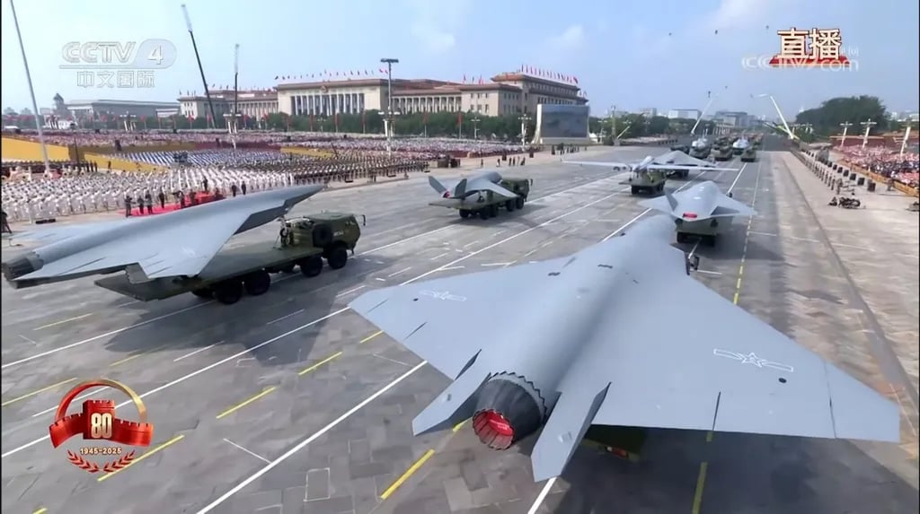 A rear view of the “Type B” drone on display during Beijing’s Victory Day parade on Wednesday. The showcase has sparked renewed speculation about China’s aerial combat advances. Photo: CCTV A rear view of the “Type B” drone on display during Beijing’s Victory Day parade on Wednesday. The showcase has sparked renewed speculation about China’s aerial combat advances. Photo: CCTV