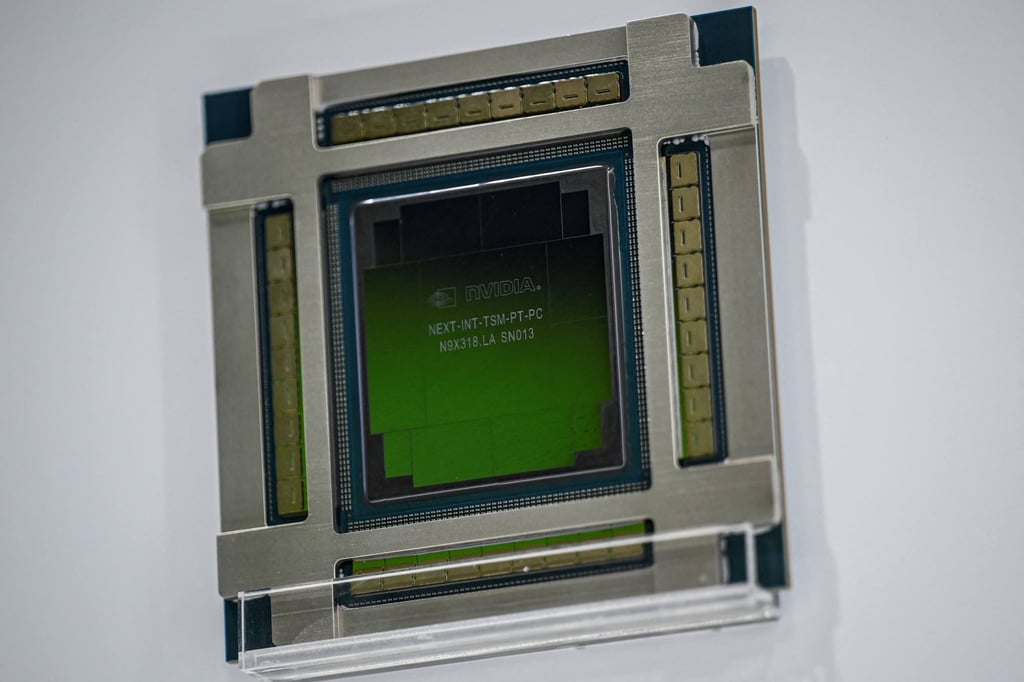 An Nvidia chip is displayed during the China International Supply Chain Expo in Beijing in July. Photo: AFP An Nvidia chip is displayed during the China International Supply Chain Expo in Beijing in July. Photo: AFP
