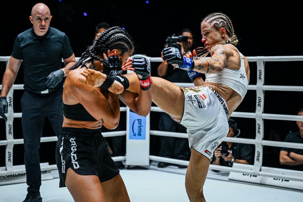 Stella Hemetsberger lands a left kick on Jackie Buntan. Photo: ONE Championship Stella Hemetsberger lands a left kick on Jackie Buntan. Photo: ONE Championship