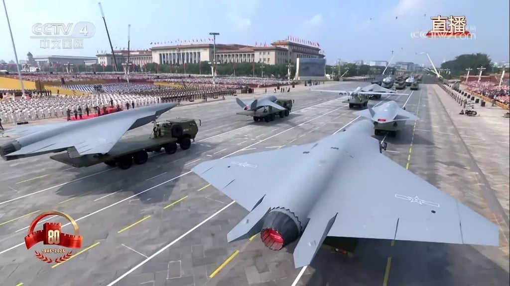 A rear view of the “Type B” drone on display during Beijing’s Victory Day parade on Wednesday. The showcase has sparked renewed speculation about China’s aerial combat advances. Photo: CCTV