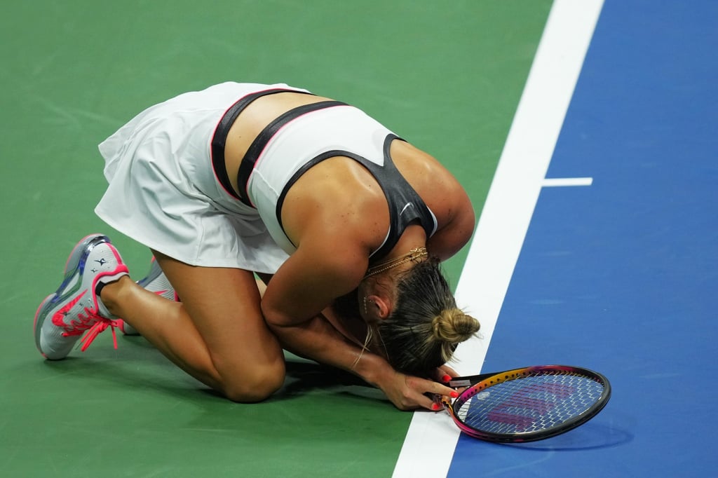 Aryna Sabalenka is delighted after sealing victory in the US Open final. Photo: Xinhua