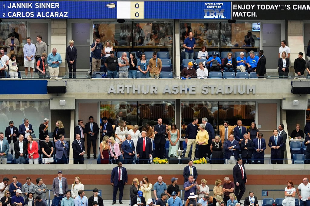President Donald Trump and other guests before the start of the men’s singles final. Photo: AP