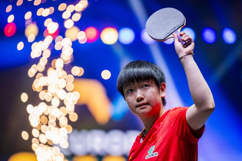 Sun Yingsha celebrates victory at last month’s WTT Europe Grand Smash Sweden. Photo: AFP