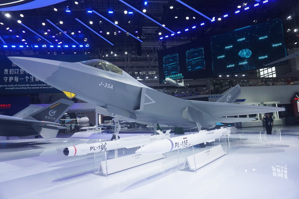 A model of the J-35A stealth fighter jet is pictured at the Zhuhai Air Show Centre in November 2024. Photo: NurPhoto via Getty Images A model of the J-35A stealth fighter jet is pictured at the Zhuhai Air Show Centre in November 2024. Photo: NurPhoto via Getty Images
