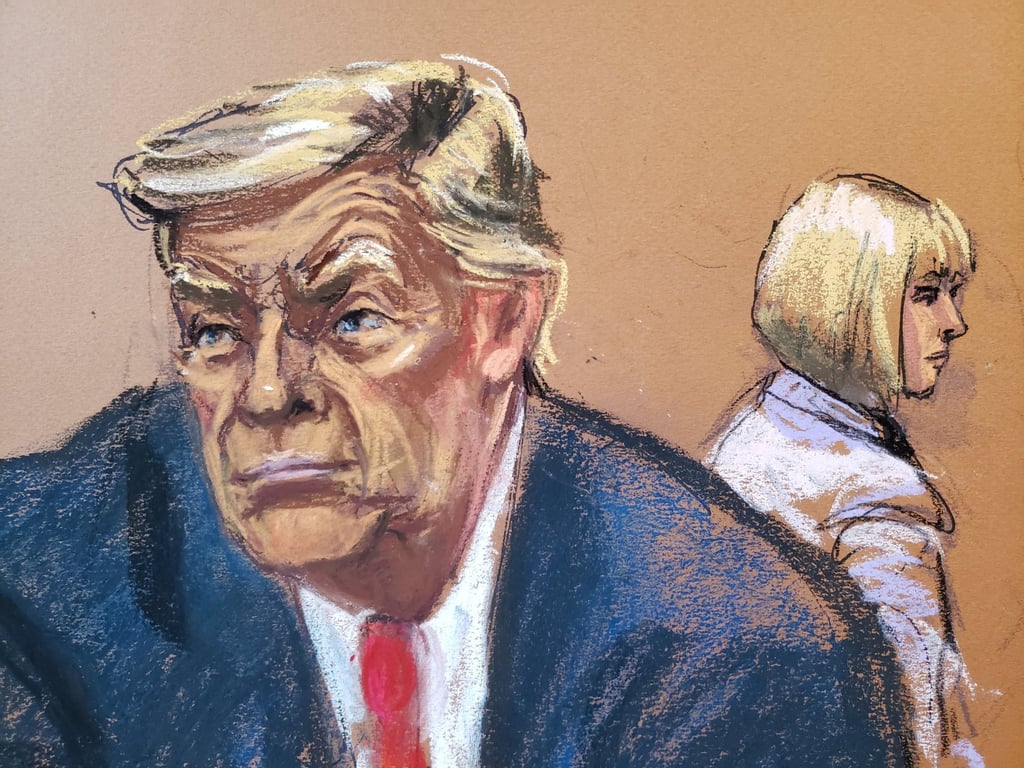 Donald Trump and E. Jean Carroll in court in 2024. Courtroom sketch by Jane Rosenberg via Reuters