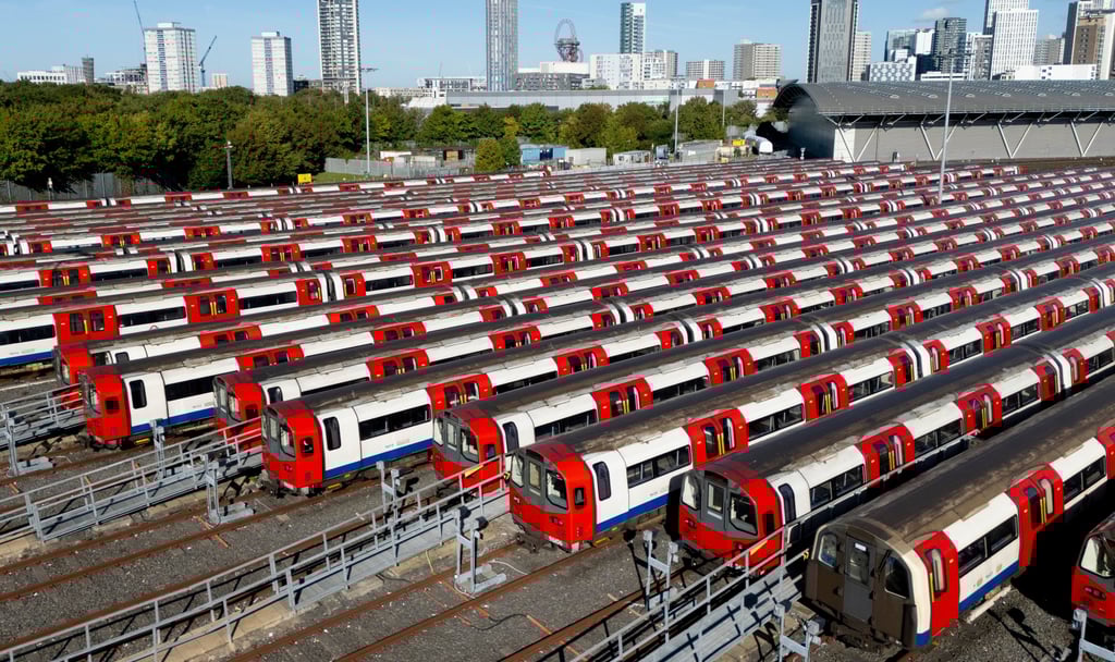 London Underground Tube trains parked at Stratford Market Depot on Tuesday. Photo: EPA London Underground Tube trains parked at Stratford Market Depot on Tuesday. Photo: EPA