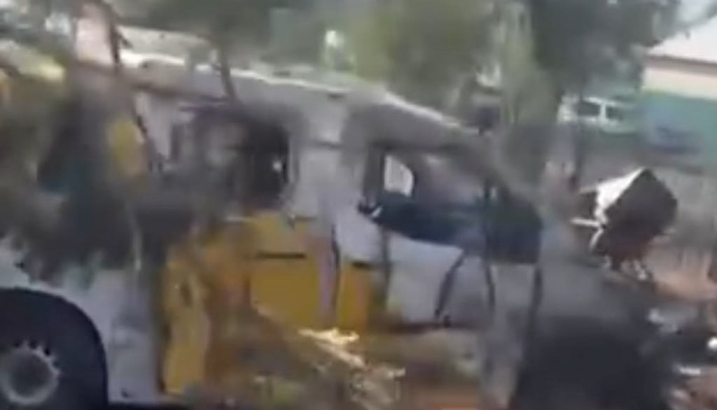 A white car acting as a mobile post office to dispense pensions is bombed on Tuesday. Photo: X/grishchukroma