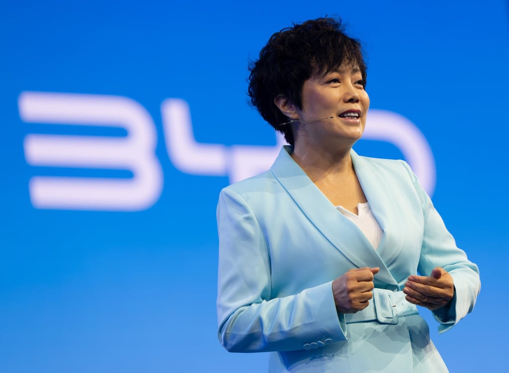 BYD executive vice-president Stella L addresses a press conference at the IAA Mobility car show in Munich on Monday. Photo: dpa