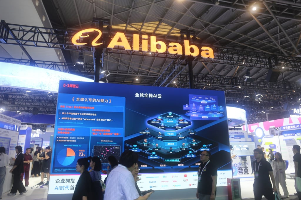 The Alibaba booth at the World Artificial Intelligence Conference in Shanghai, July 26, 2025. Photo: Costfoto/NurPhoto via Getty Images