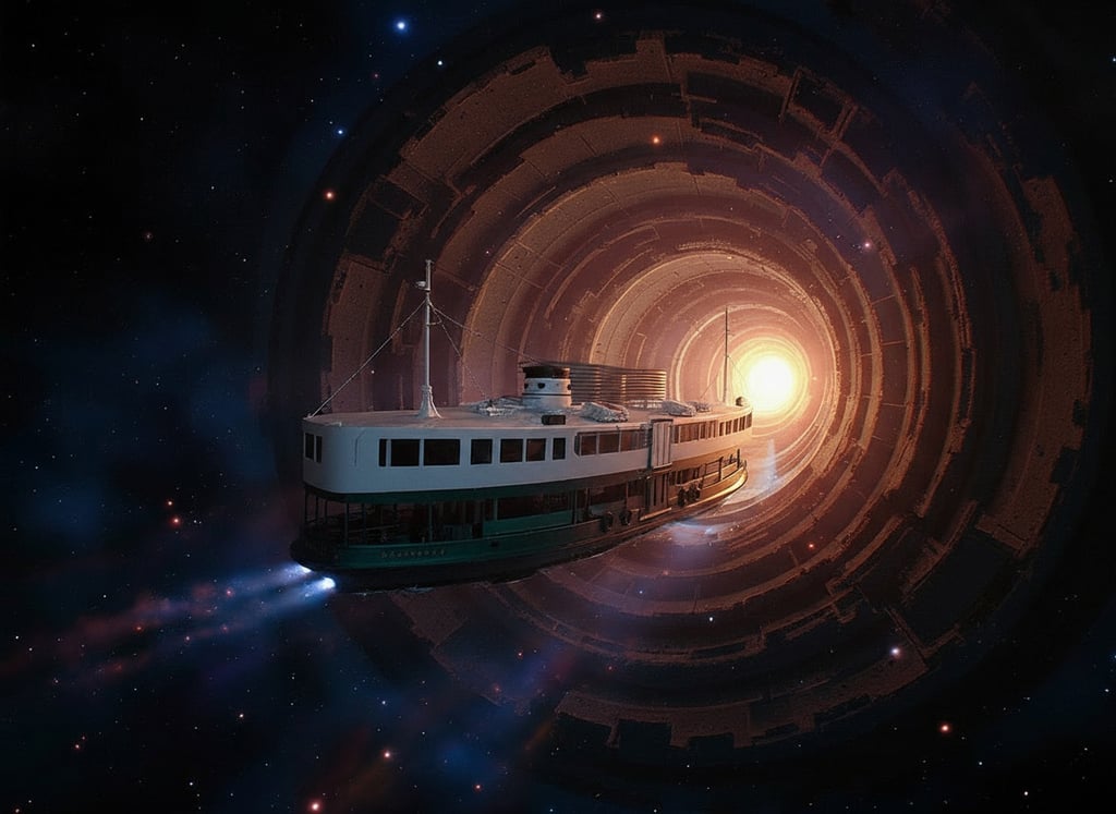 Nano banana produced this image with the prompt, ‘Turn the Star Ferry into a spacecraft traversing a wormhole in space’. Photo: Nano Banana Nano banana produced this image with the prompt, ‘Turn the Star Ferry into a spacecraft traversing a wormhole in space’. Photo: Nano Banana