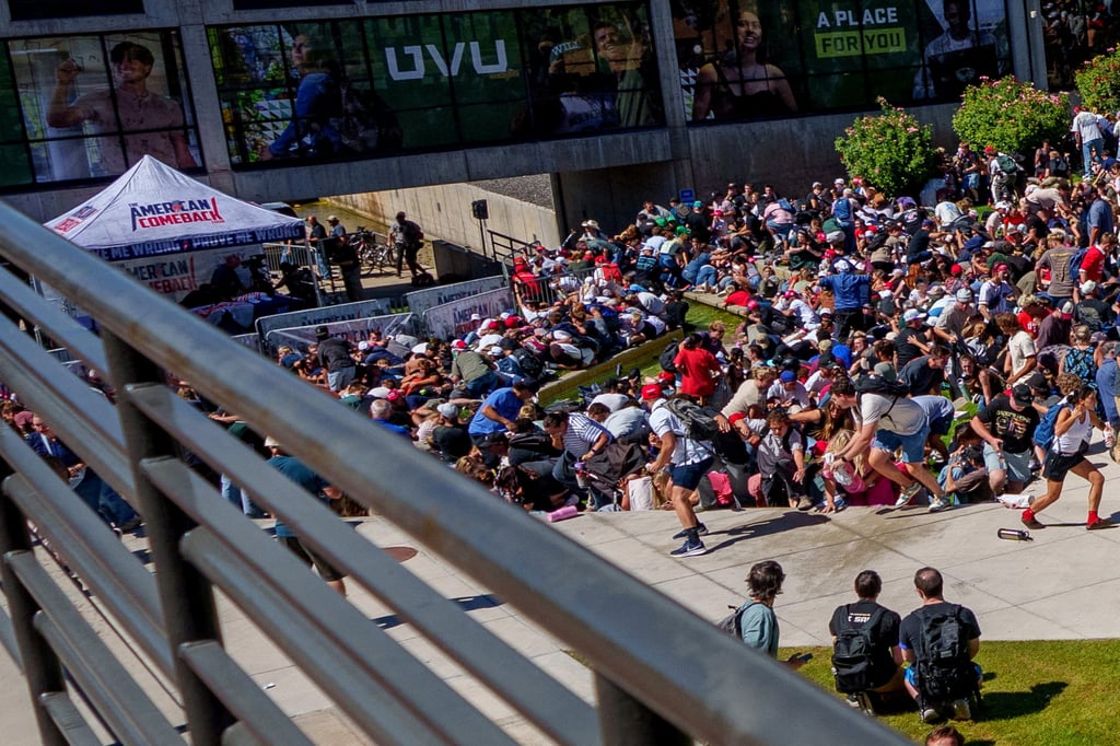 People scatter after Charlie Kirk was shot. Photo: Trent Nelson/The Salt Lake Tribune via Reuters