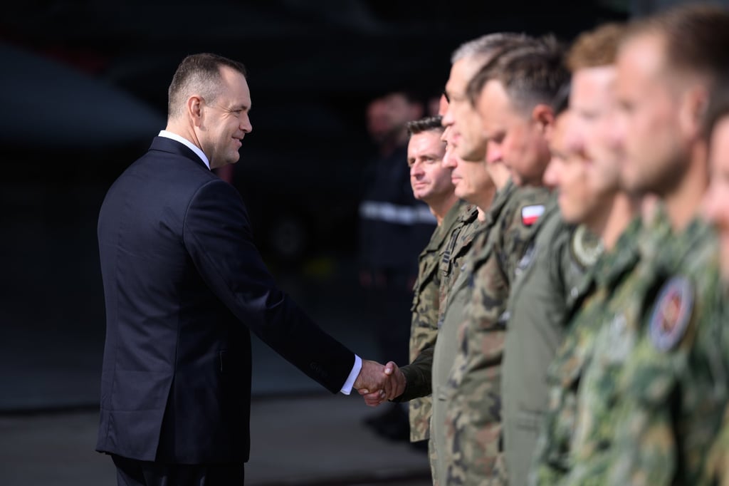 Polish President Karol Nawrocki during a meeting with soldiers at the 31st Tactical Air Base in Poznan-Krzesiny, Poland, on Thursday, in the wake of the violation of Polish airspace. Photo: EPA