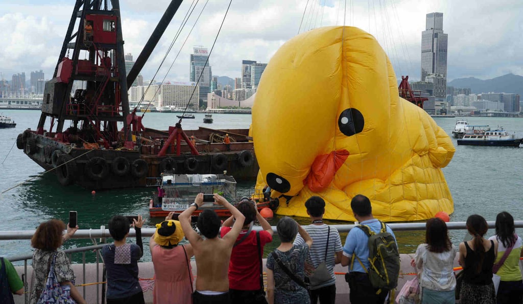 One of Florentijn Hofman’s two giant rubber ducks is deflated in Hong Kong in 2023. Photo: Sam Tsang