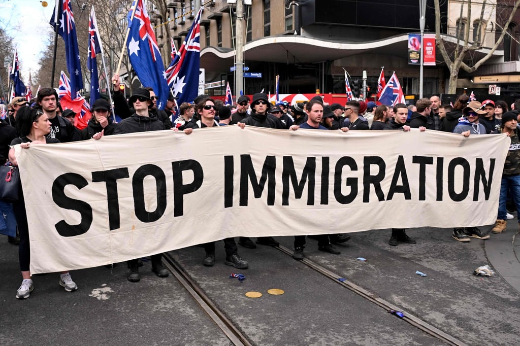 Protesters take part in a “March for Australia” anti-immigration rally in Melbourne on August 3. Photo: AFP Protesters take part in a “March for Australia” anti-immigration rally in Melbourne on August 3. Photo: AFP