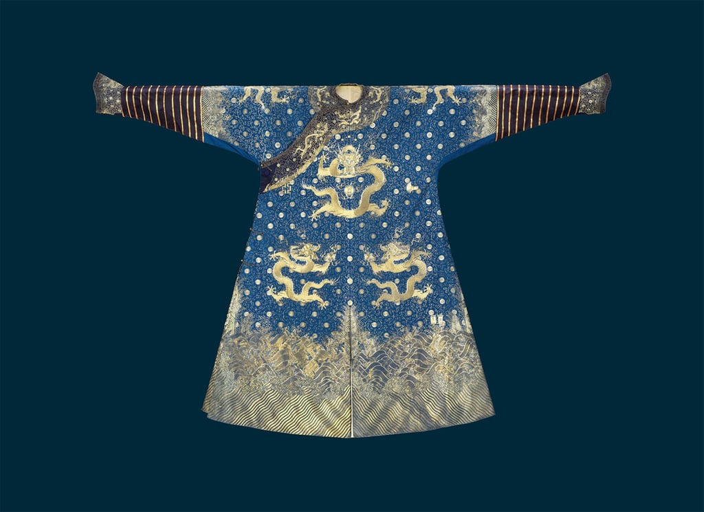 A blue silk court robe from the Qianlong period (1736-1795), part of the “Engaging Past Wisdom: Min Chiu Society at Sixty-Five” exhibition at the Hong Kong Museum of Art. Photo: courtesy Hong Kong Museum of Art A blue silk court robe from the Qianlong period (1736-1795), part of the “Engaging Past Wisdom: Min Chiu Society at Sixty-Five” exhibition at the Hong Kong Museum of Art. Photo: courtesy Hong Kong Museum of Art