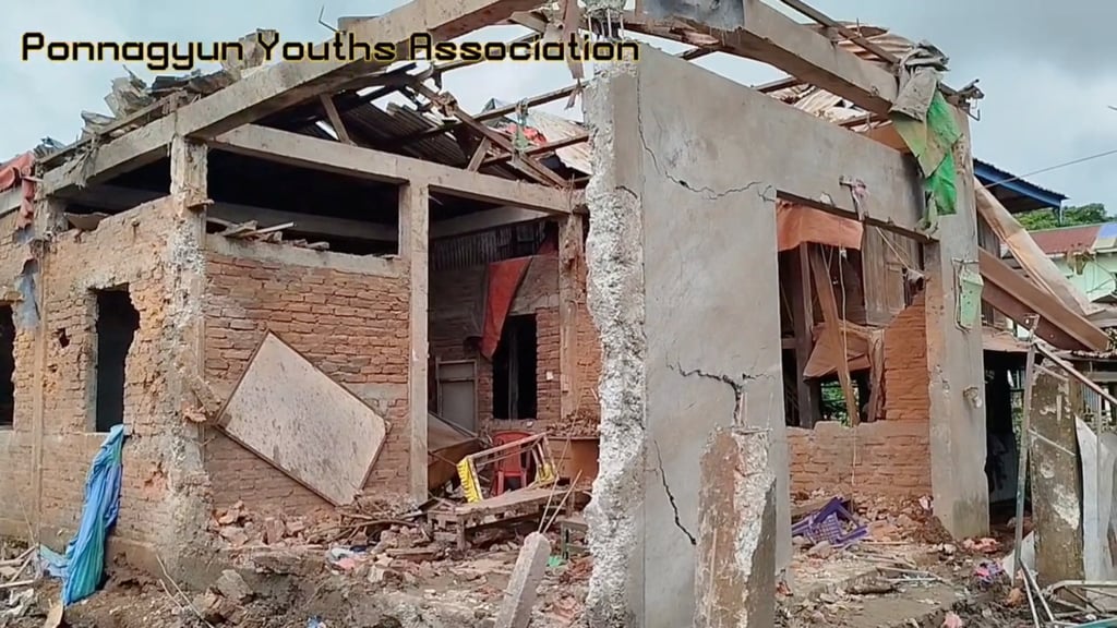 A damaged building following what the Irrawaddy news website said was a fatal air strike by the Myanmar military in Rakhine state. Photo: Handout screenshot via Reuters