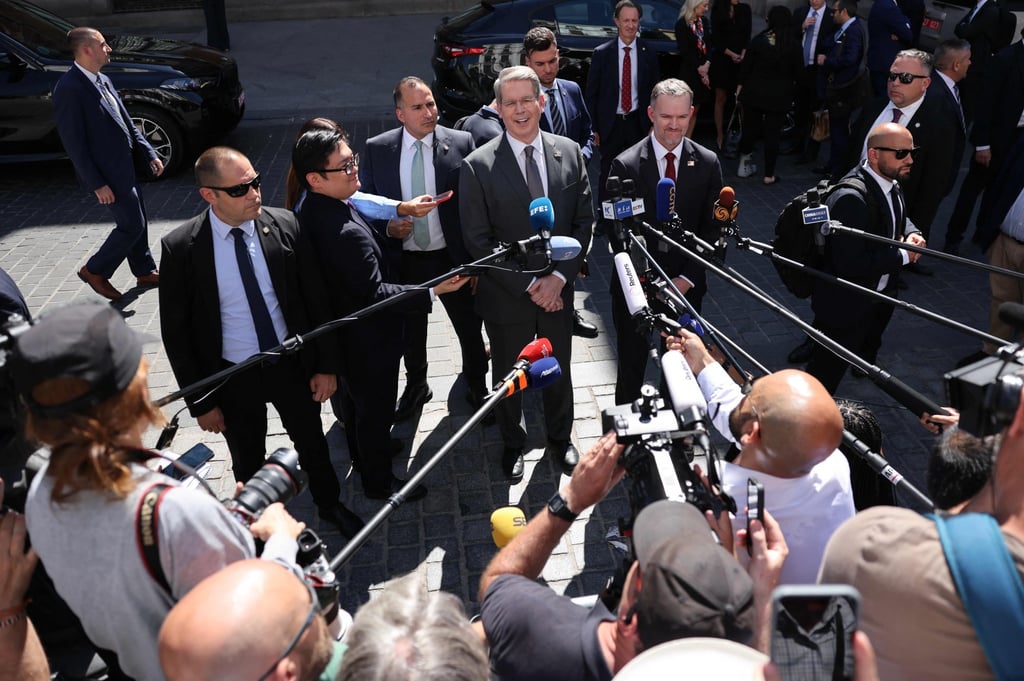 US Secretary of the Treasury Scott Bessent (center) smiles during a press conference following trade talks with Chinese Vice Premier He Lifeng at the foreign ministry in Madrid on Monday. Photo: AFP