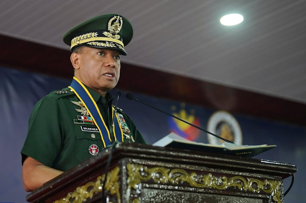 Philippine military chief Romeo Brawner Jnr speaks at the launch ceremony of the BRP Diego Silang frigate on Monday. Photo: Facebook/PhilippineNavy