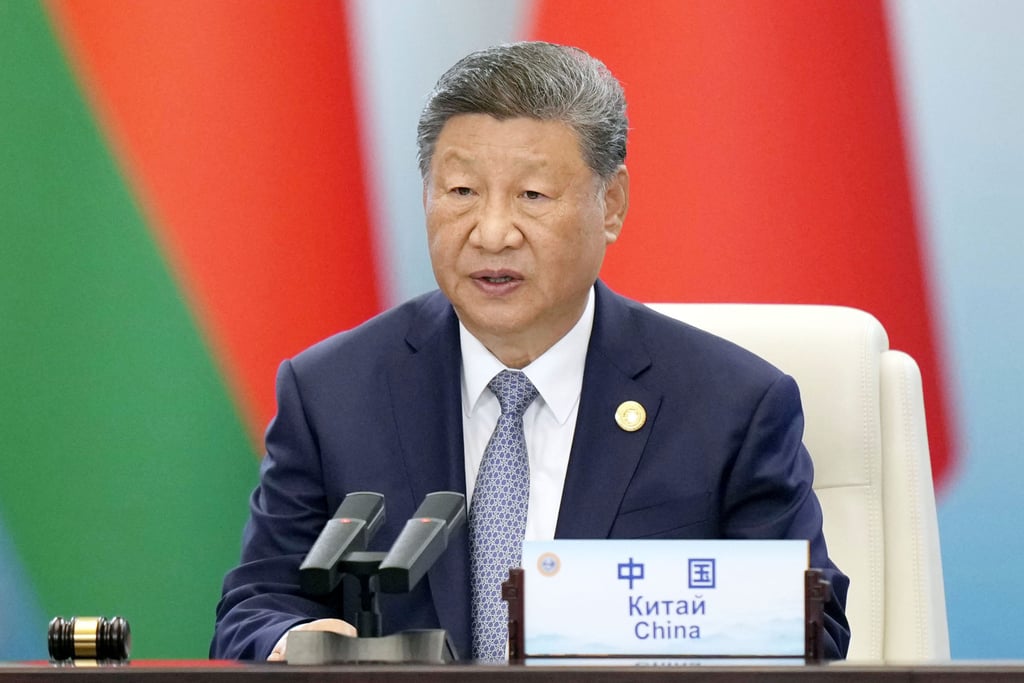 Chinese President Xi Jinping makes a speech on the second day of the Shanghai Cooperation Organisation summit in Tianjin, China, on September 1. Photo: Kyodo