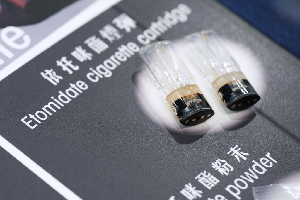 A sample of etomidate vape cartridges is displayed a Hong Kong Police Headquarters in Wan Chai earlier this year. Photo: Eugene Lee A sample of etomidate vape cartridges is displayed a Hong Kong Police Headquarters in Wan Chai earlier this year. Photo: Eugene Lee