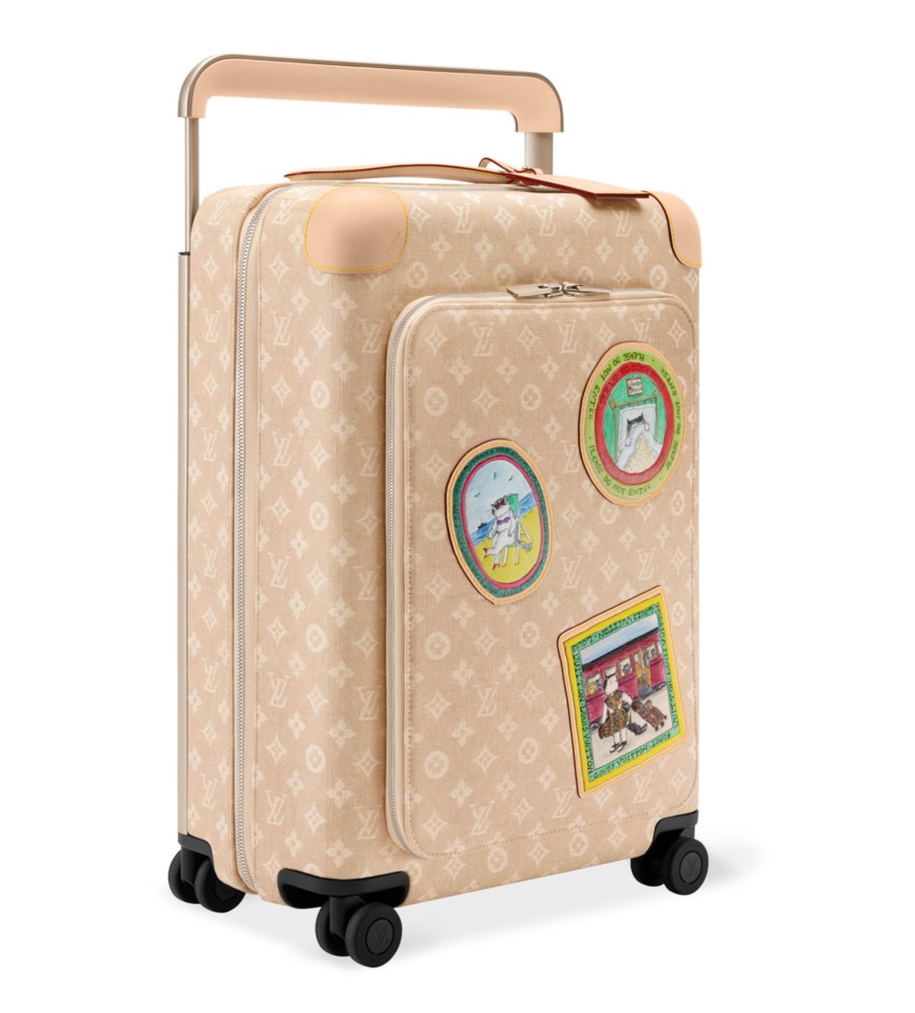 The Horizon 55 Business rolling suitcase, crafted from vintage-style Monogram linen canvas with leather trim and colourful luggage labels, is from the “Travels with Grace Coddington” collection. Photo: Handout