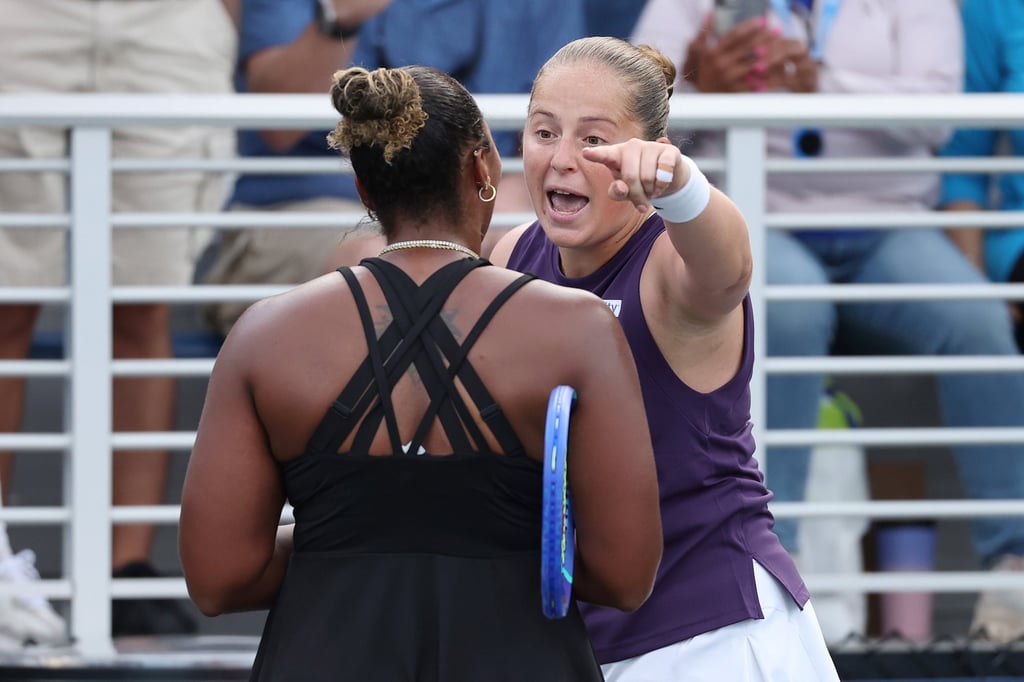 Latvia’s Jelena Ostapenko (right) argues with Taylor Townsend after their second round match in New York. Photo: Getty Images