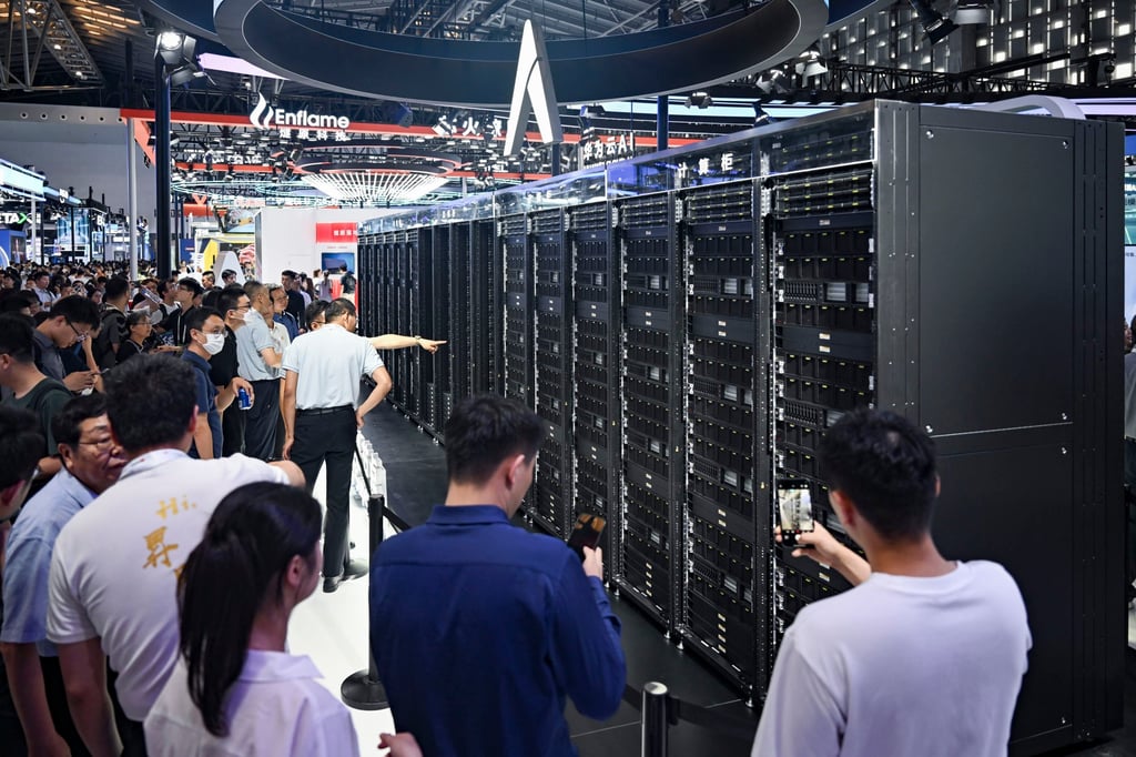 Visitors show interest in Huawei’s Ascend AI chip-based CloudMatrix 384 at the World AI Conference in Shanghai, July 27, 2025. Photo: Xinhua Visitors show interest in Huawei’s Ascend AI chip-based CloudMatrix 384 at the World AI Conference in Shanghai, July 27, 2025. Photo: Xinhua