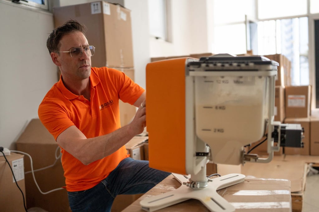 Felix Brooks-church, co-founder of Sanku, inspects a dosifier machine at the company’s warehouse in Addis Ababa, Ethiopia. Photo: Rolex/Aurélie Marrier D’Unienville