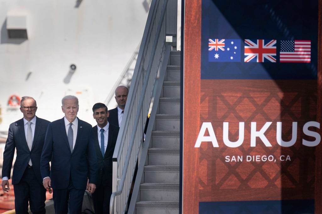 (From left) Australia’s Prime Minister Anthony Albanese is joined by then US president Joe Biden and former British prime minister Rishi Sunak at an Aukus event in 2023. Photo: AP