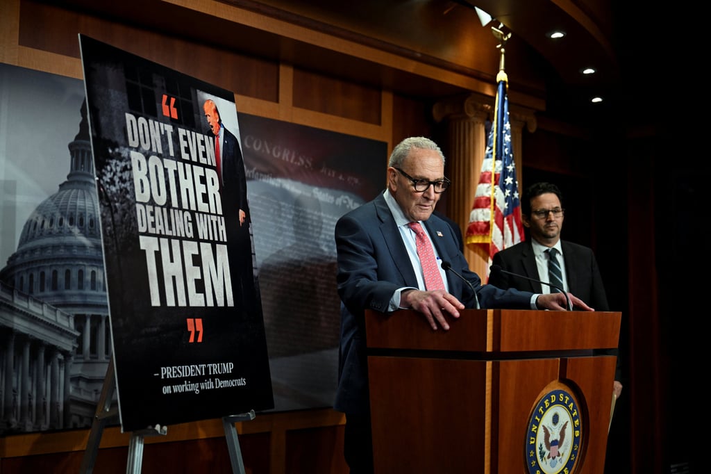 US Senate Democratic Leader Chuck Schumer holds a press conference in Washington on Friday. Photo: Reuters
