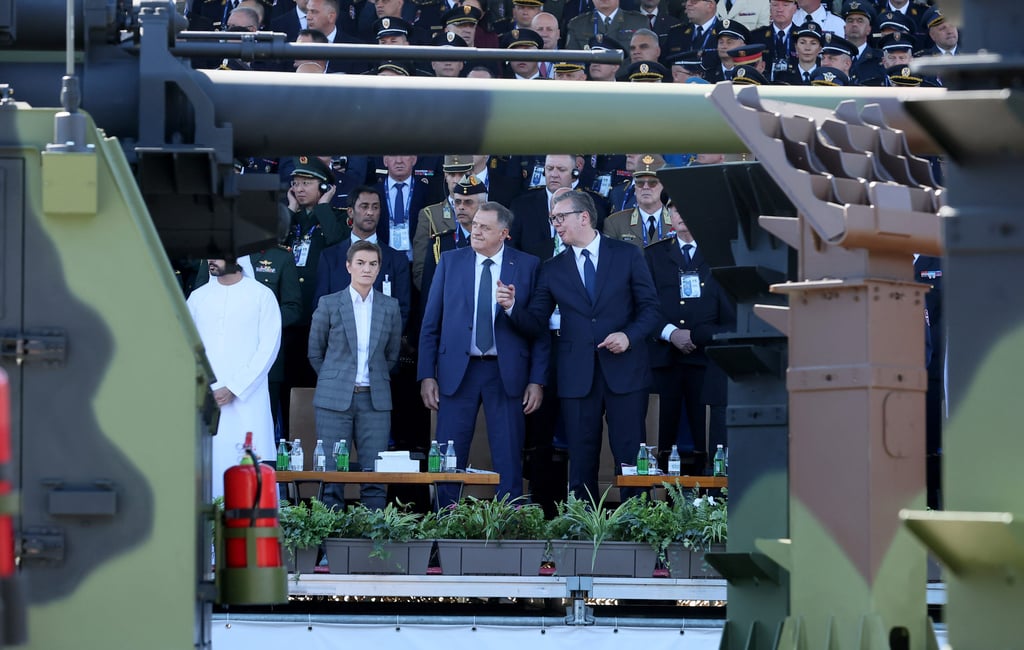 Serbian President Aleksandar Vucic (right) attends the military parade, which was the first to be organised by the country’s armed forces since 2014. Photo: Xinhua