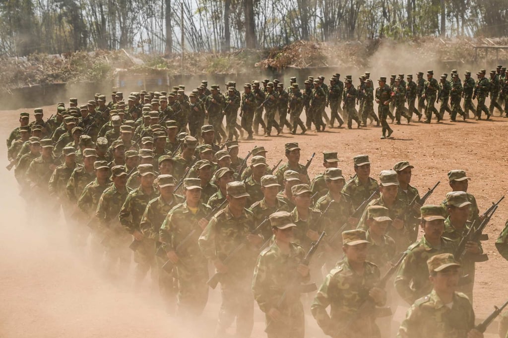Members of ethnic rebel group Ta’ang National Liberation Army take part in a training exercise at their base camp in Myanmar’s Shan State in 2023. The country remains embroiled in a bloody civil war. Photo: AFP