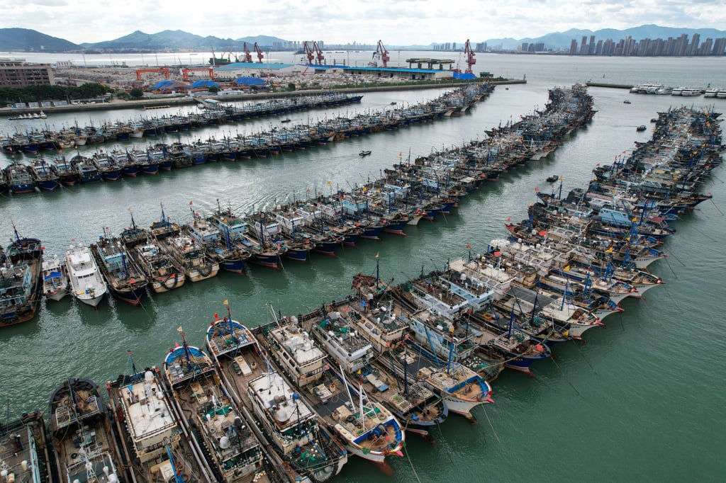 Fishing boats are docked at the Gaoqi Fujian-Taiwan Central Fishing Port in Xiamen, Fujian. As of Tuesday morning, Guangdong’s typhoon alert was at Level 1, the highest in a four-tier warning system. Photo: Xinhua